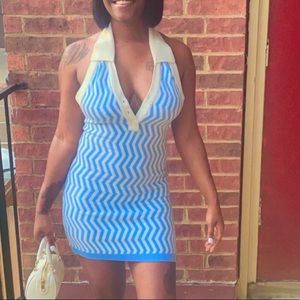 Blue and white backless collared tennis dress